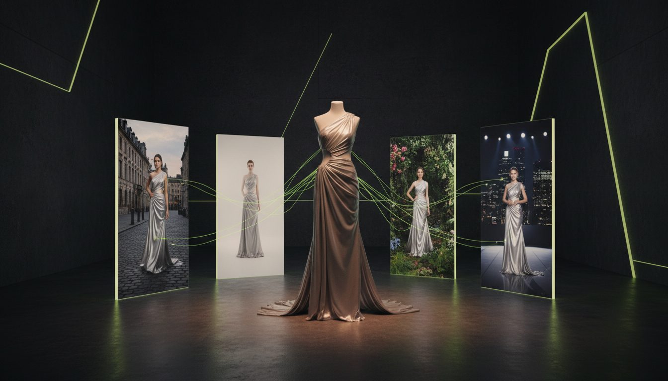 Concept visualization of the VOGO pipeline: one garment becoming five campaign scenes